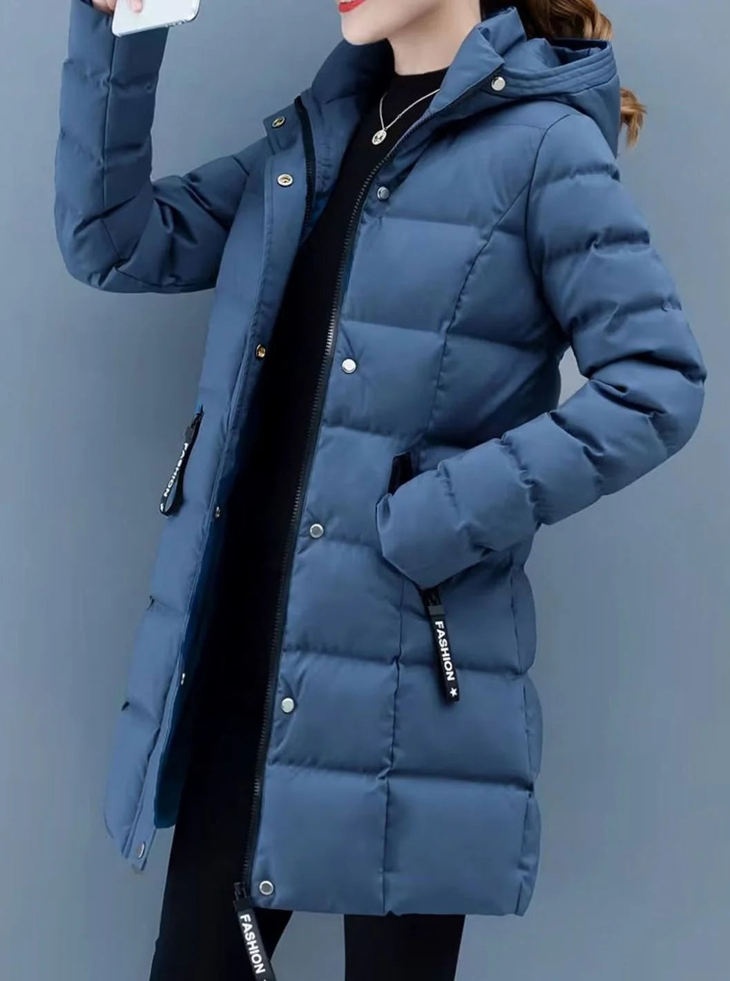 Marie | Damen Winterjacke Gesteppter Mantel mit Kapuze Reißverschluss Mittellang 8