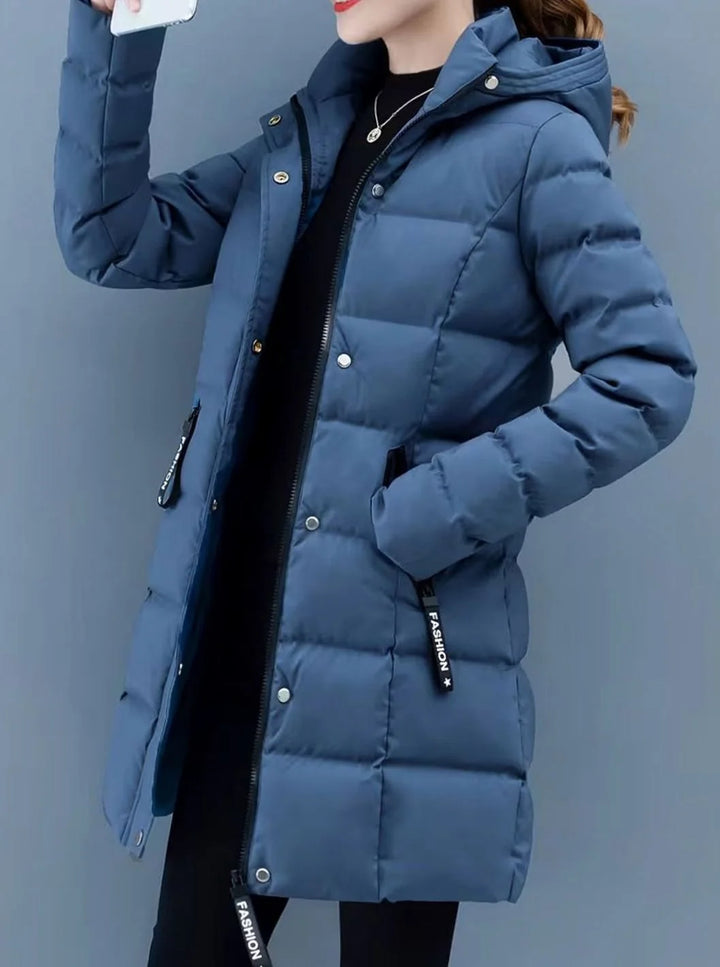 Marie | Damen Winterjacke Gesteppter Mantel mit Kapuze Reißverschluss Mittellang 8