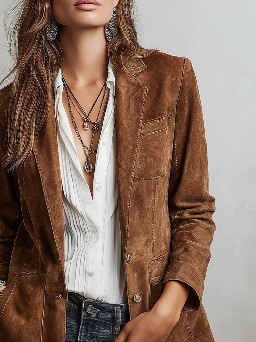 Maßgeschneiderter einreihiger Damen Cardigan-Blazer in Wildlederoptik für eleganten Herbstlook 0