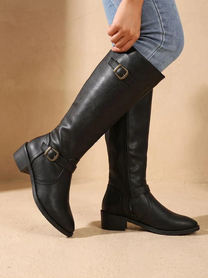 Orthopädische Damen Stiefel mit Arch Support Kniehoch Doppelschnallen Blockabsatz 0