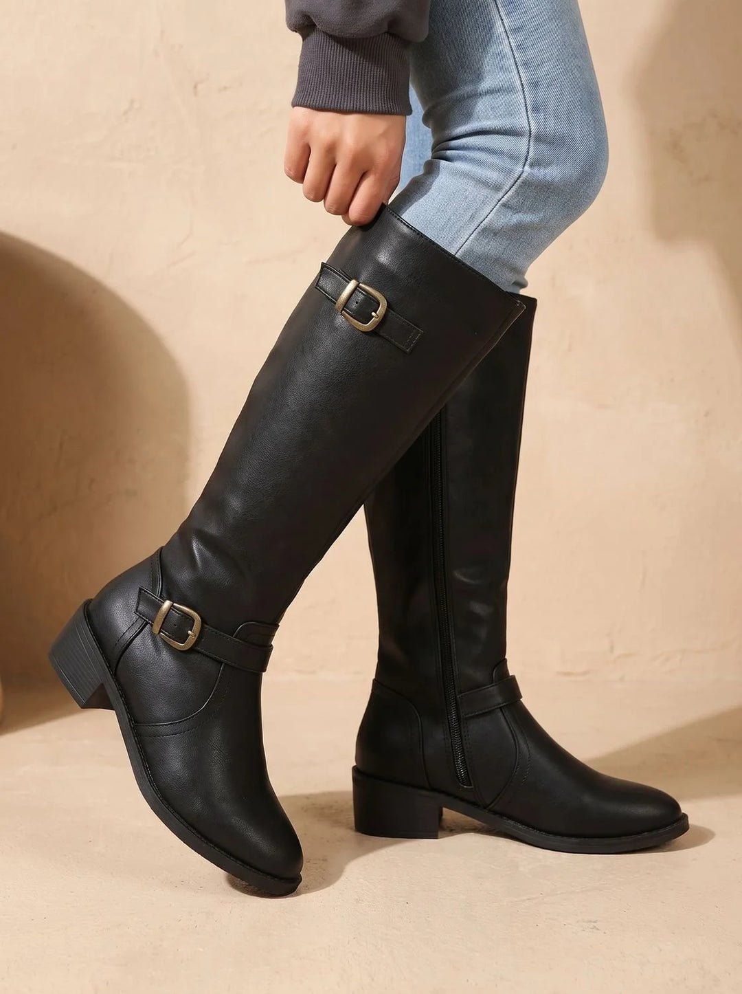 Orthopädische Damen Stiefel mit Arch Support Kniehoch Doppelschnallen Blockabsatz 1