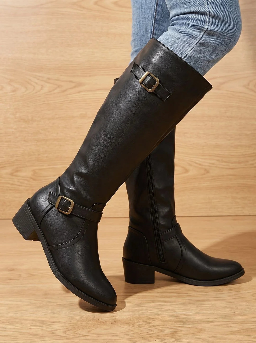 Orthopädische Damen Stiefel mit Arch Support Kniehoch Doppelschnallen Blockabsatz 2