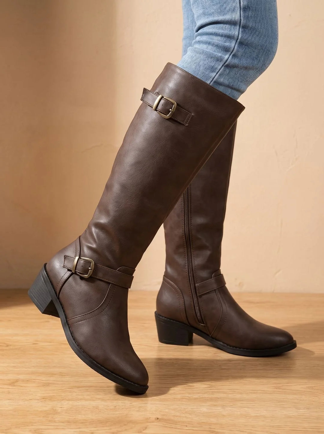 Orthopädische Damen Stiefel mit Arch Support Kniehoch Doppelschnallen Blockabsatz 3