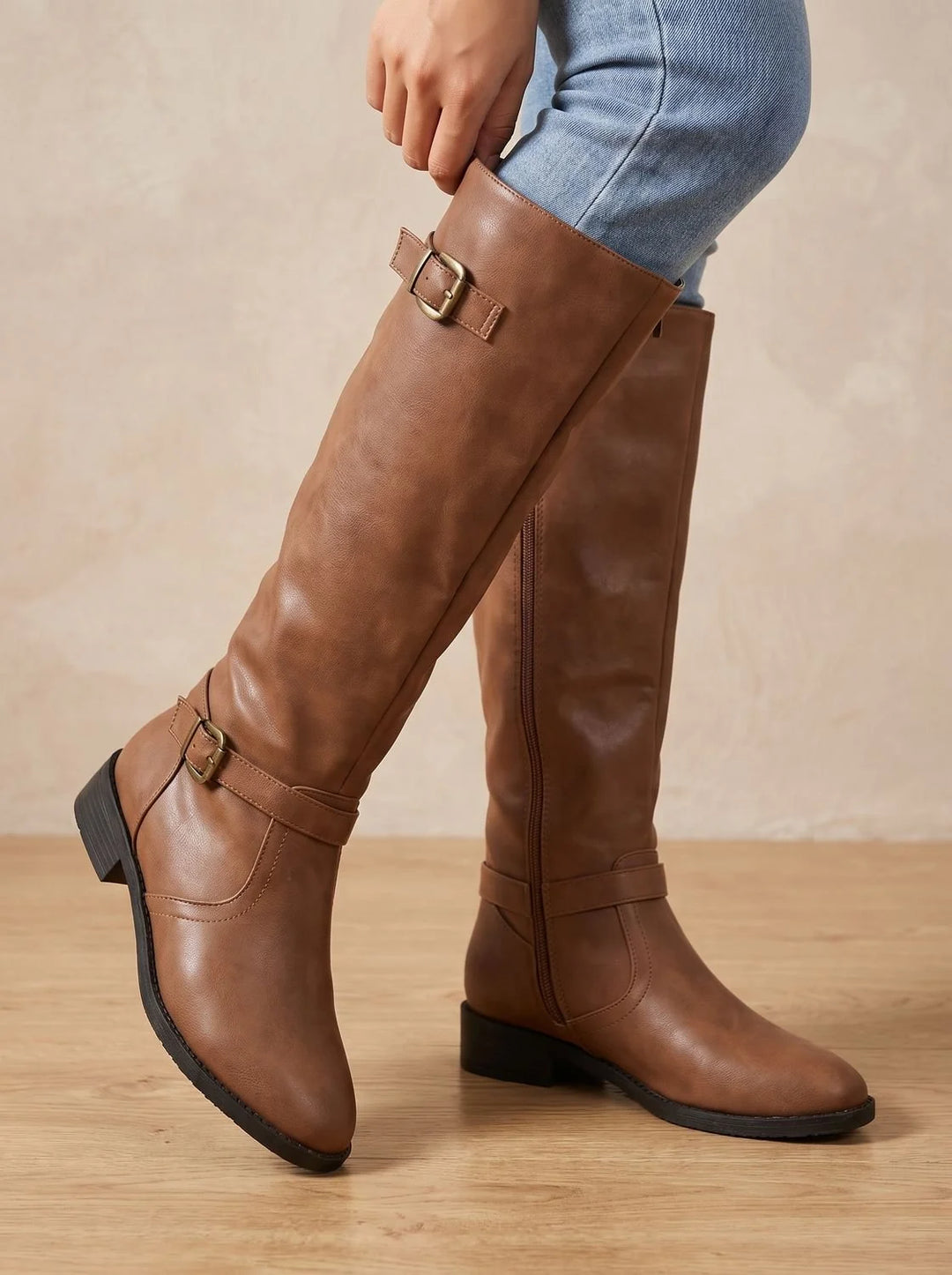 Orthopädische Damen Stiefel mit Arch Support Kniehoch Doppelschnallen Blockabsatz 5