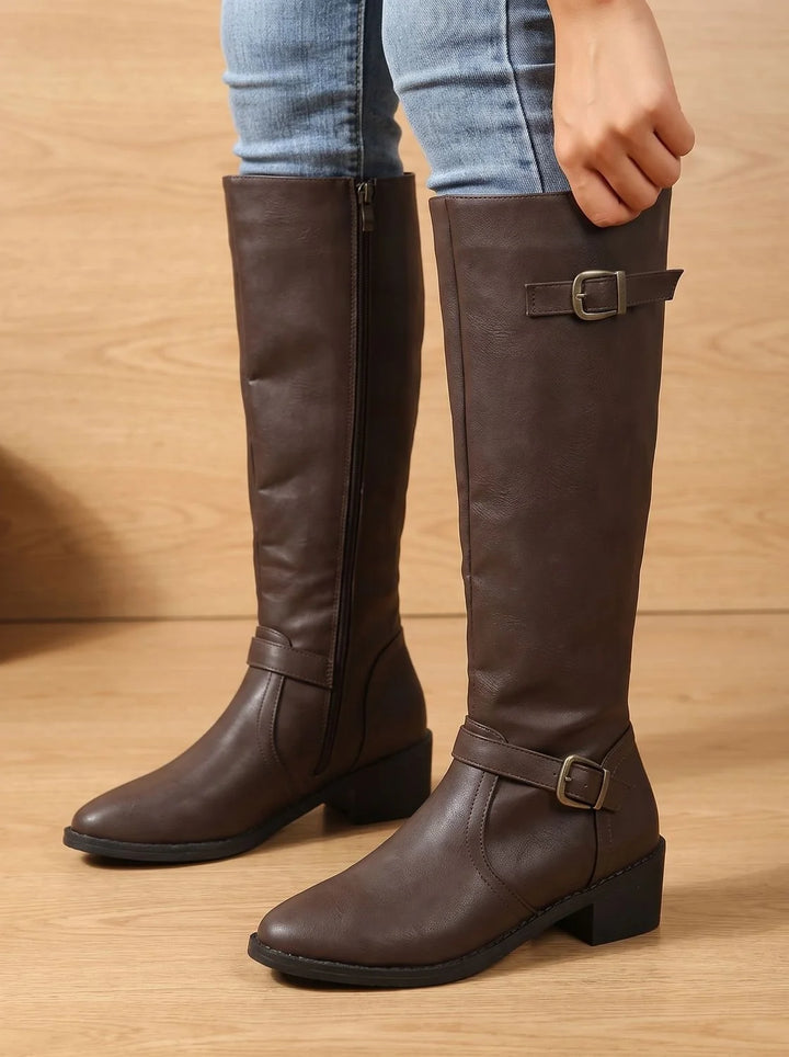 Orthopädische Damen Stiefel mit Arch Support Kniehoch Doppelschnallen Blockabsatz 6