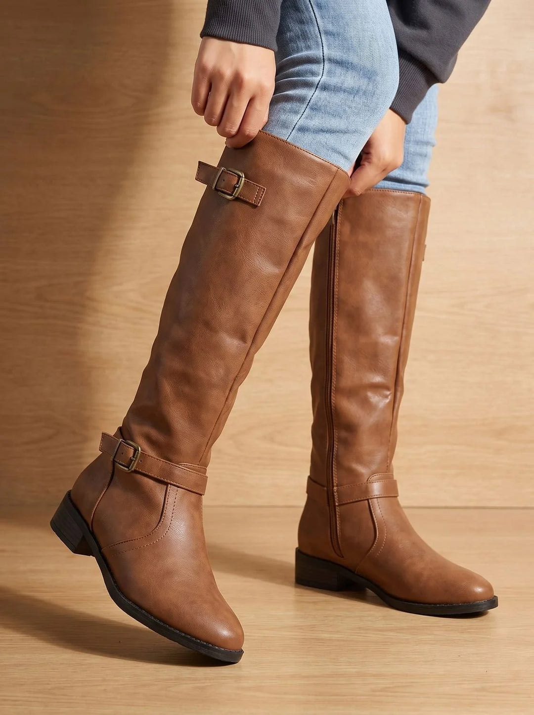 Orthopädische Damen Stiefel mit Arch Support Kniehoch Doppelschnallen Blockabsatz 8