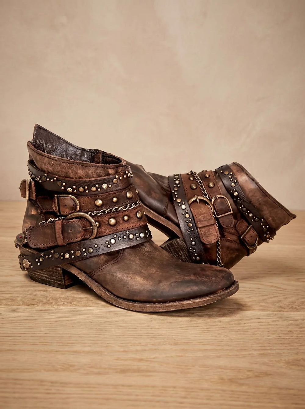 Orthopädische Damen Western Stiefeletten mit Arch Support und Schnallenriemen im Vintage Stil 1