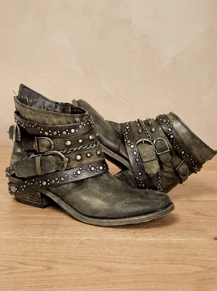 Orthopädische Damen Western Stiefeletten mit Arch Support und Schnallenriemen im Vintage Stil 2