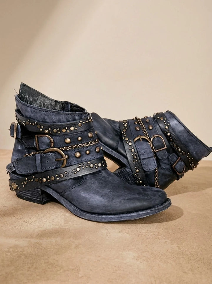 Orthopädische Damen Western Stiefeletten mit Arch Support und Schnallenriemen im Vintage Stil 3