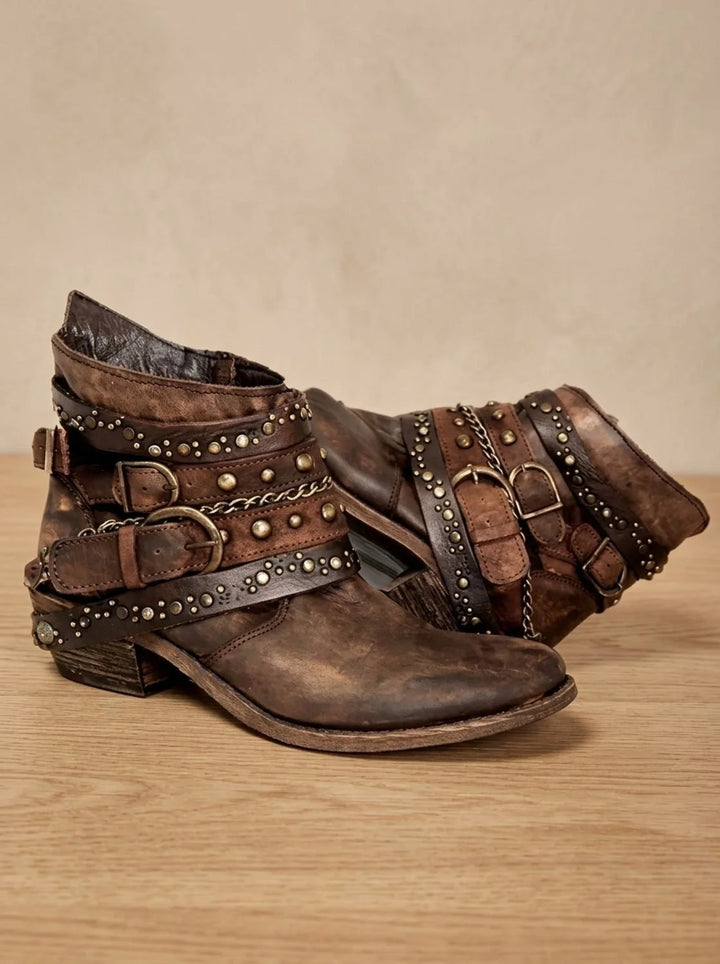 Orthopädische Damen Western Stiefeletten mit Arch Support und Schnallenriemen im Vintage Stil 5