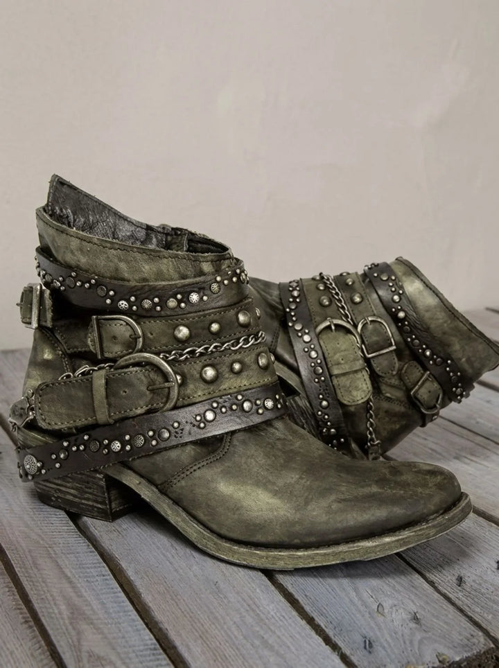 Orthopädische Damen Western Stiefeletten mit Arch Support und Schnallenriemen im Vintage Stil 7