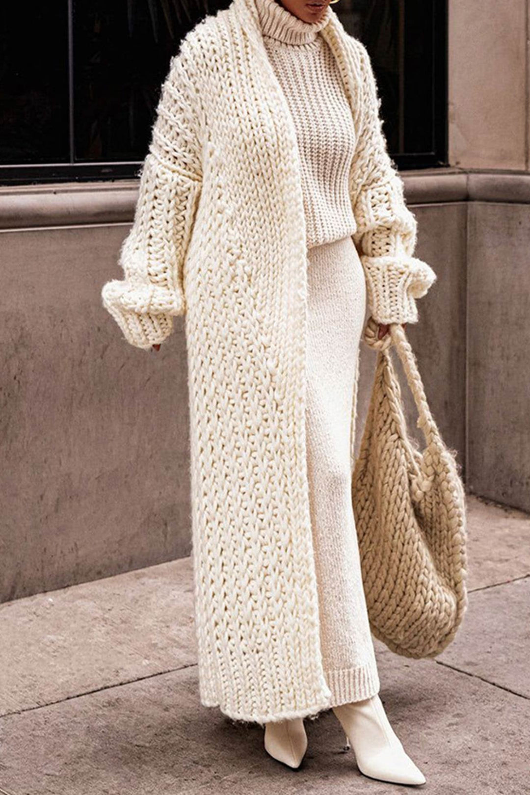 Oversize Damen Cardigan Lang geschnitten Grobstrick Offene Vorderseite 0