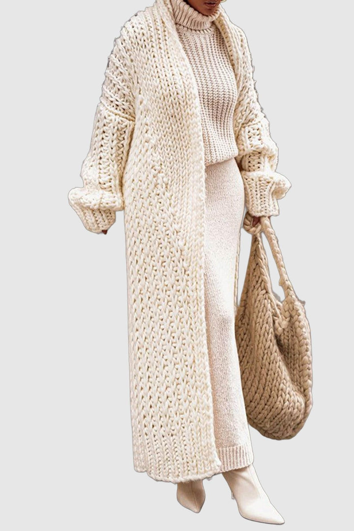 Oversize Damen Cardigan Lang geschnitten Grobstrick Offene Vorderseite 1