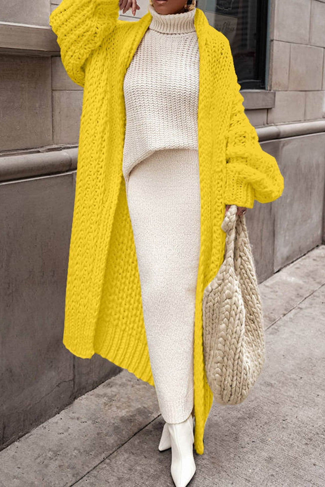 Oversize Damen Cardigan Lang geschnitten Grobstrick Offene Vorderseite 7