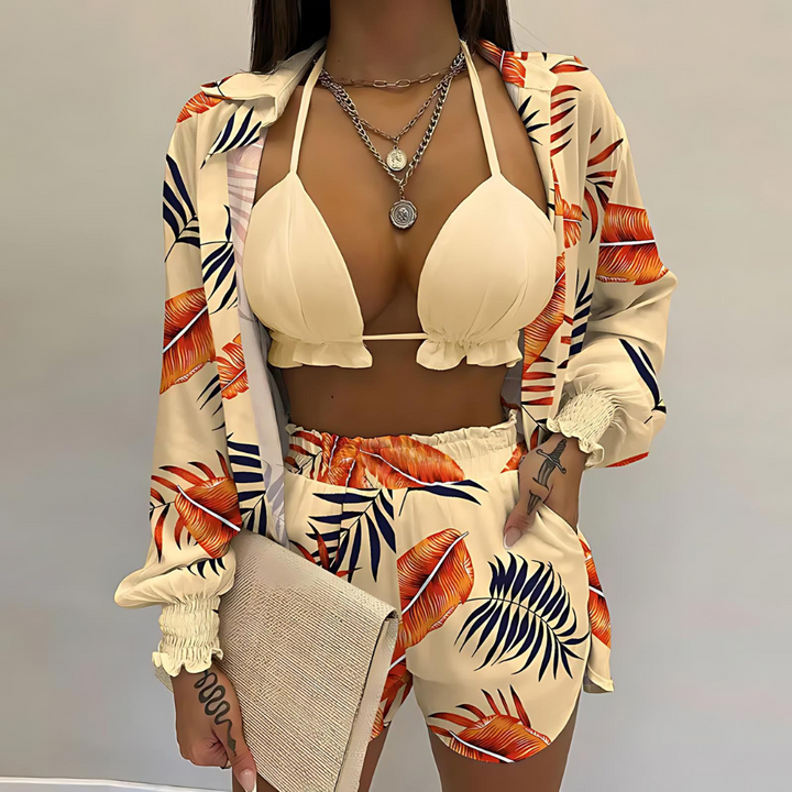 Sommer Set Damen – Dreiteiliges Outfit Mit Tropischem Print Für Strand Und Pool 0