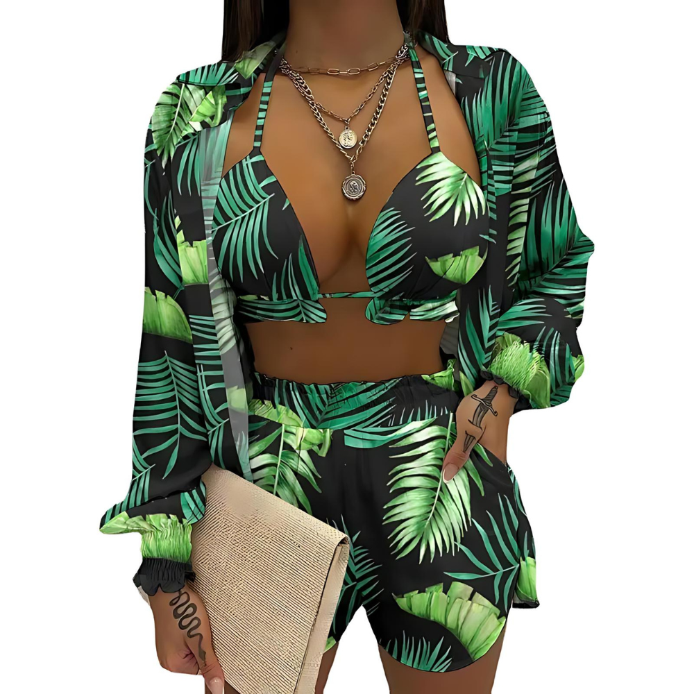 Sommer Set Damen – Dreiteiliges Outfit Mit Tropischem Print Für Strand Und Pool 1