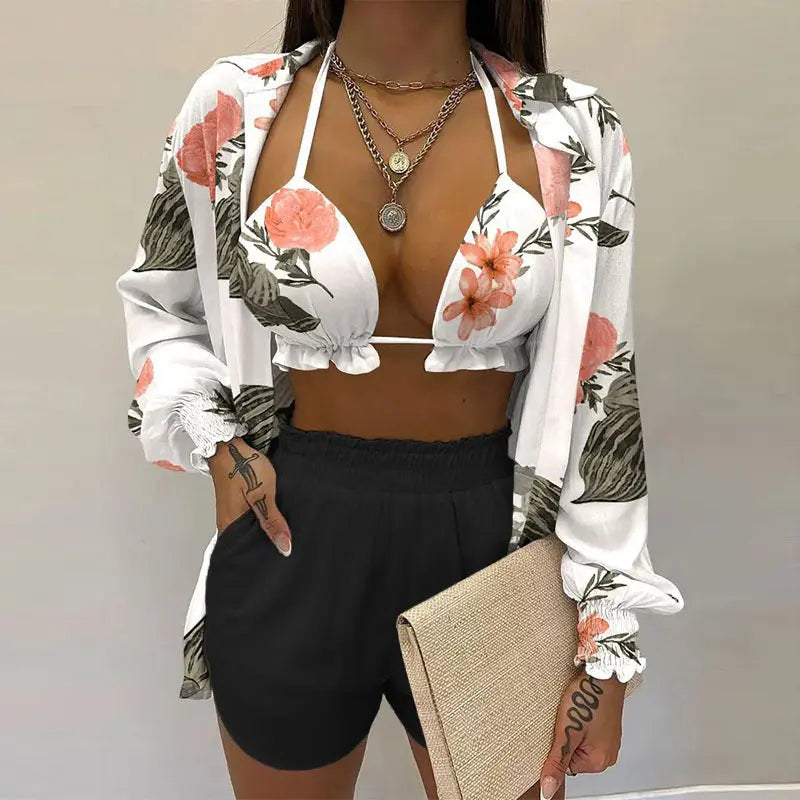 Sommer Set Damen – Dreiteiliges Outfit Mit Tropischem Print Für Strand Und Pool 11