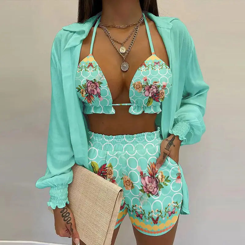 Sommer Set Damen – Dreiteiliges Outfit Mit Tropischem Print Für Strand Und Pool 4