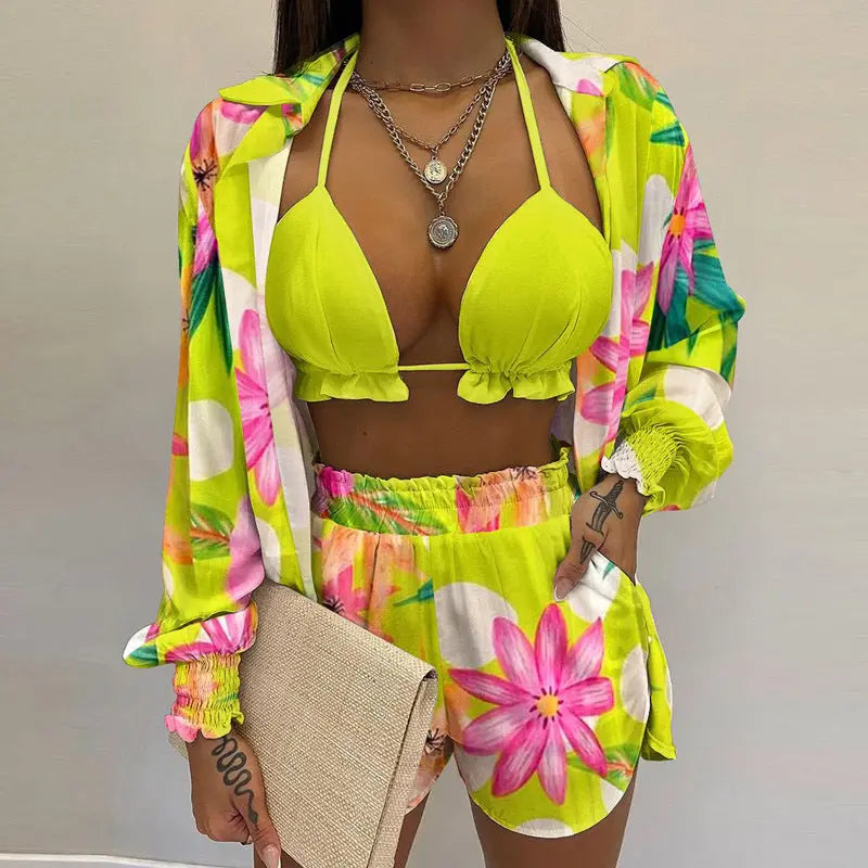 Sommer Set Damen – Dreiteiliges Outfit Mit Tropischem Print Für Strand Und Pool 7