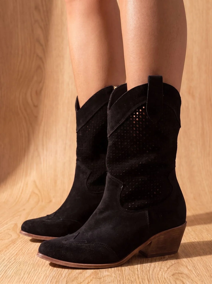 Stiefel Damen Schwarz - Orthopädische Cowboy-Stiefel mit Arch Support und Blockabsatz im Western-Stil 1