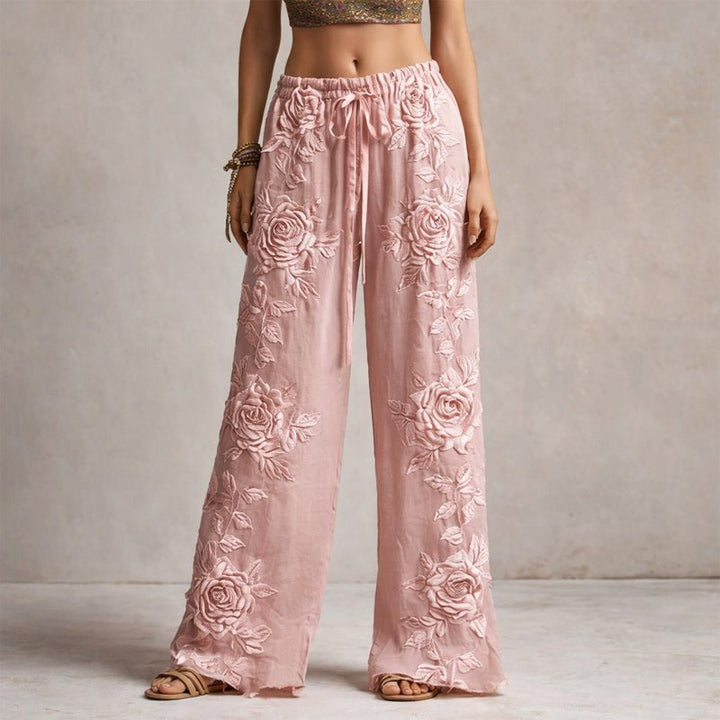 Stoffhose Damen Mit Weitem Bein & Floraler Stickerei – Elegante Hosen Damen Für Sommerlooks 0