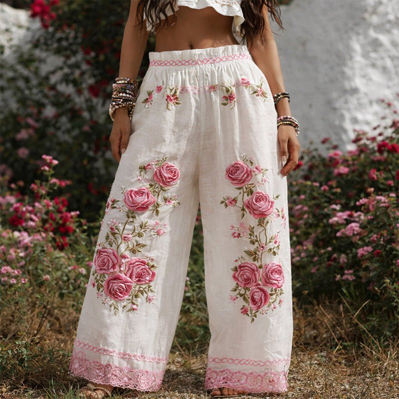 Stoffhose Damen Mit Weitem Bein & Floraler Stickerei – Elegante Hosen Damen Für Sommerlooks 2