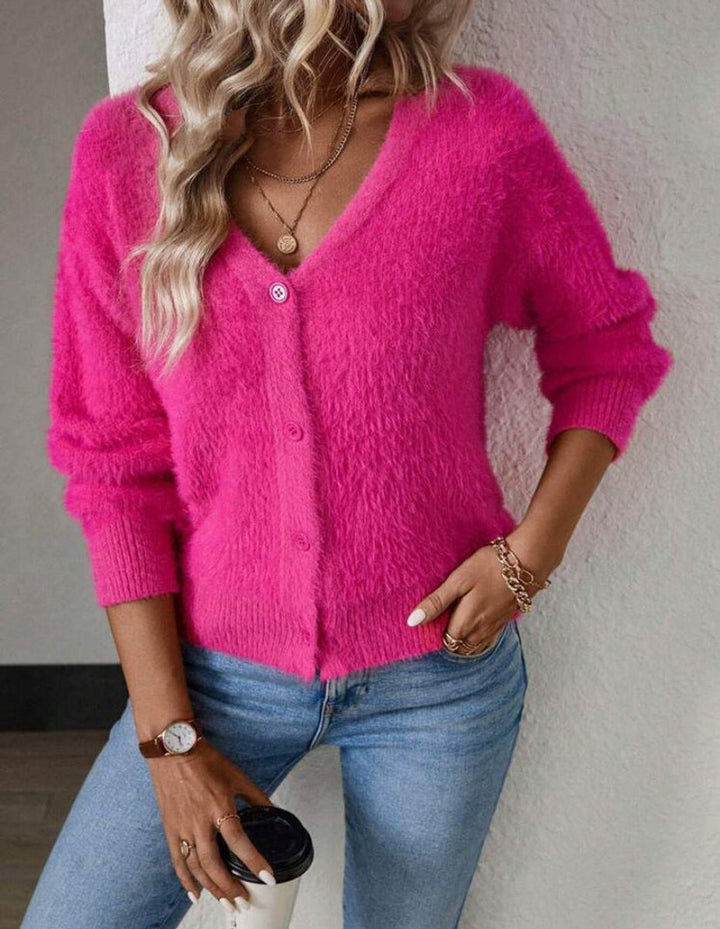 Strickjacke Damen V-Ausschnitt Cardigan für eleganten Alltagslook – Flauschiger, vielseitig kombinierbarer Cardigan 0