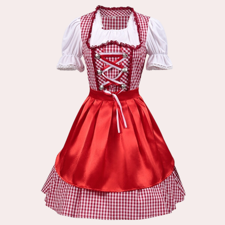 Traditionelles Dirndlkleid mit Karomuster und Satinbandschürze für Damen 0