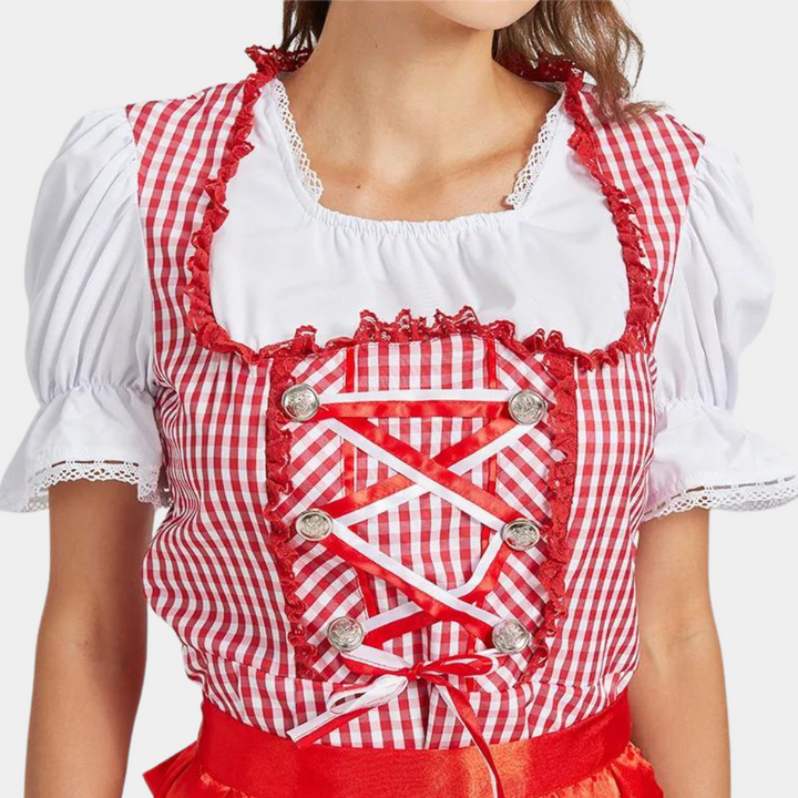 Traditionelles Dirndlkleid mit Karomuster und Satinbandschürze für Damen 4
