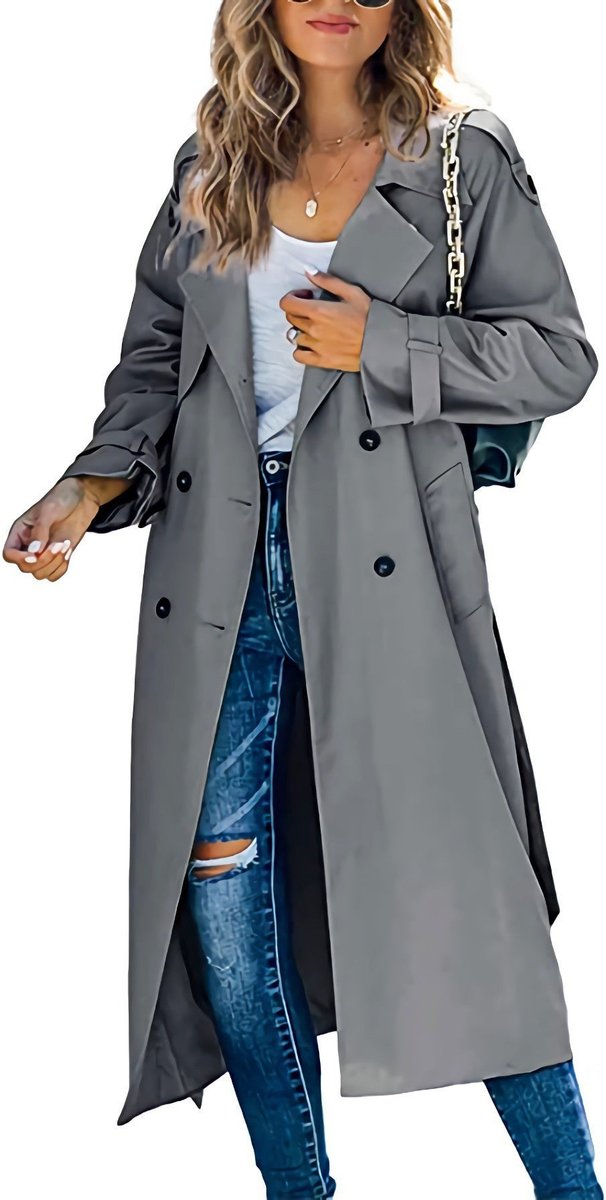 Übergroßer Zweireihiger Langer Damen Trenchcoat mit Taillengürtel Elegant 11