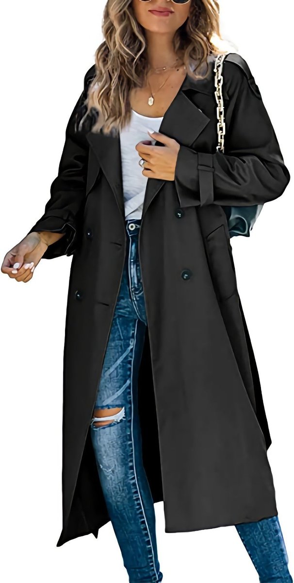 Übergroßer Zweireihiger Langer Damen Trenchcoat mit Taillengürtel Elegant 2