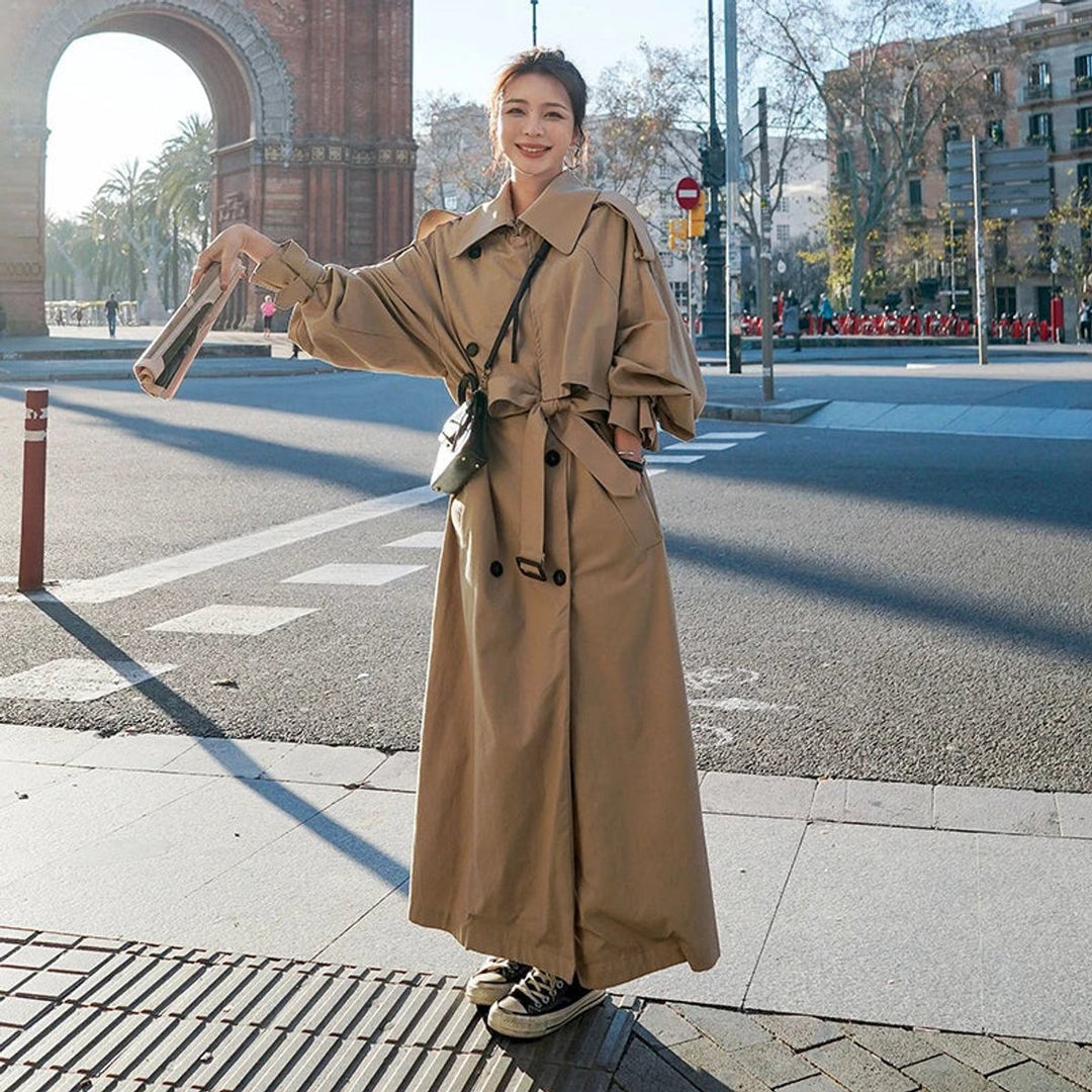 Übergroßer Zweireihiger Langer Damen Trenchcoat mit Verstellbarem Taillengürtel 4