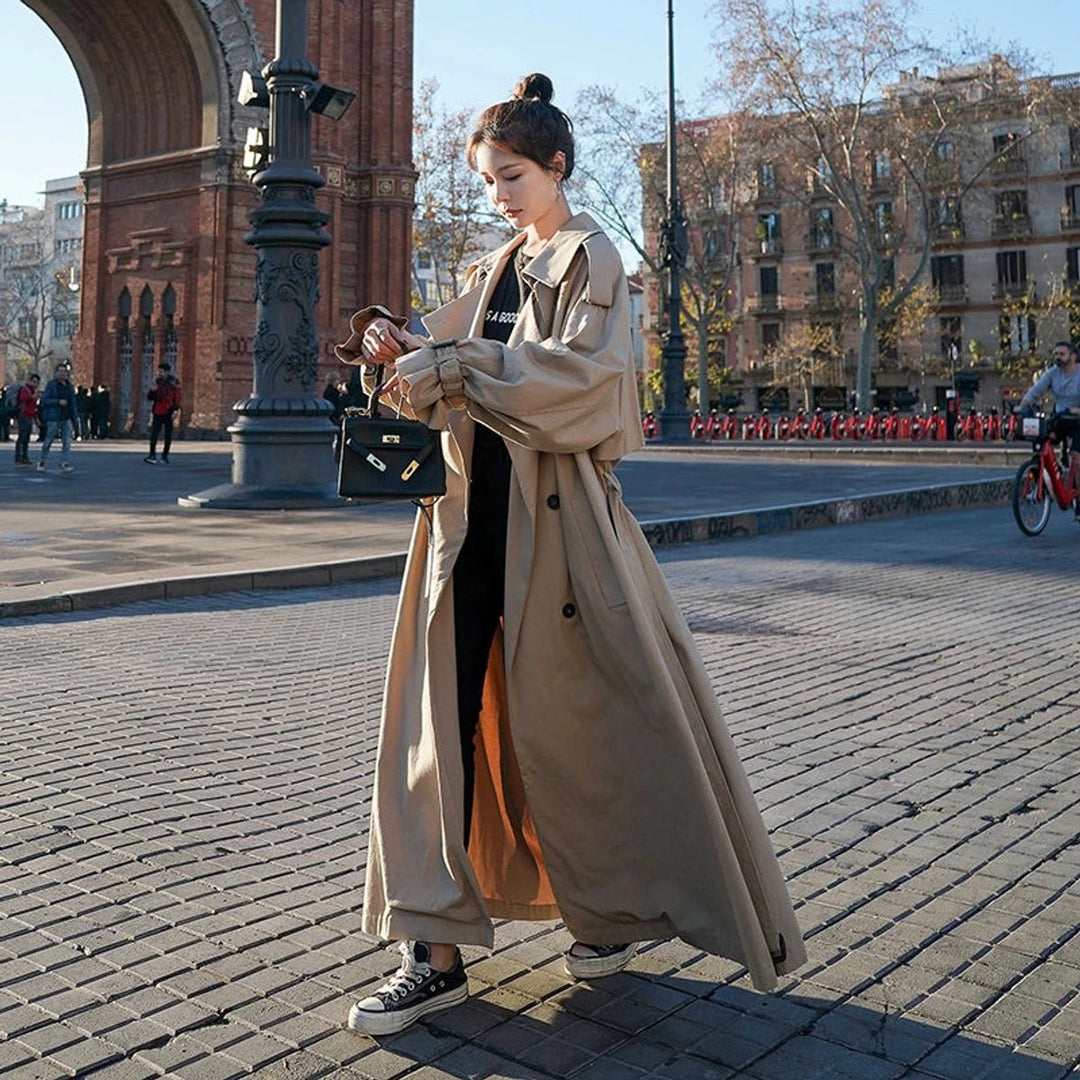 Übergroßer Zweireihiger Langer Damen Trenchcoat mit Verstellbarem Taillengürtel 5