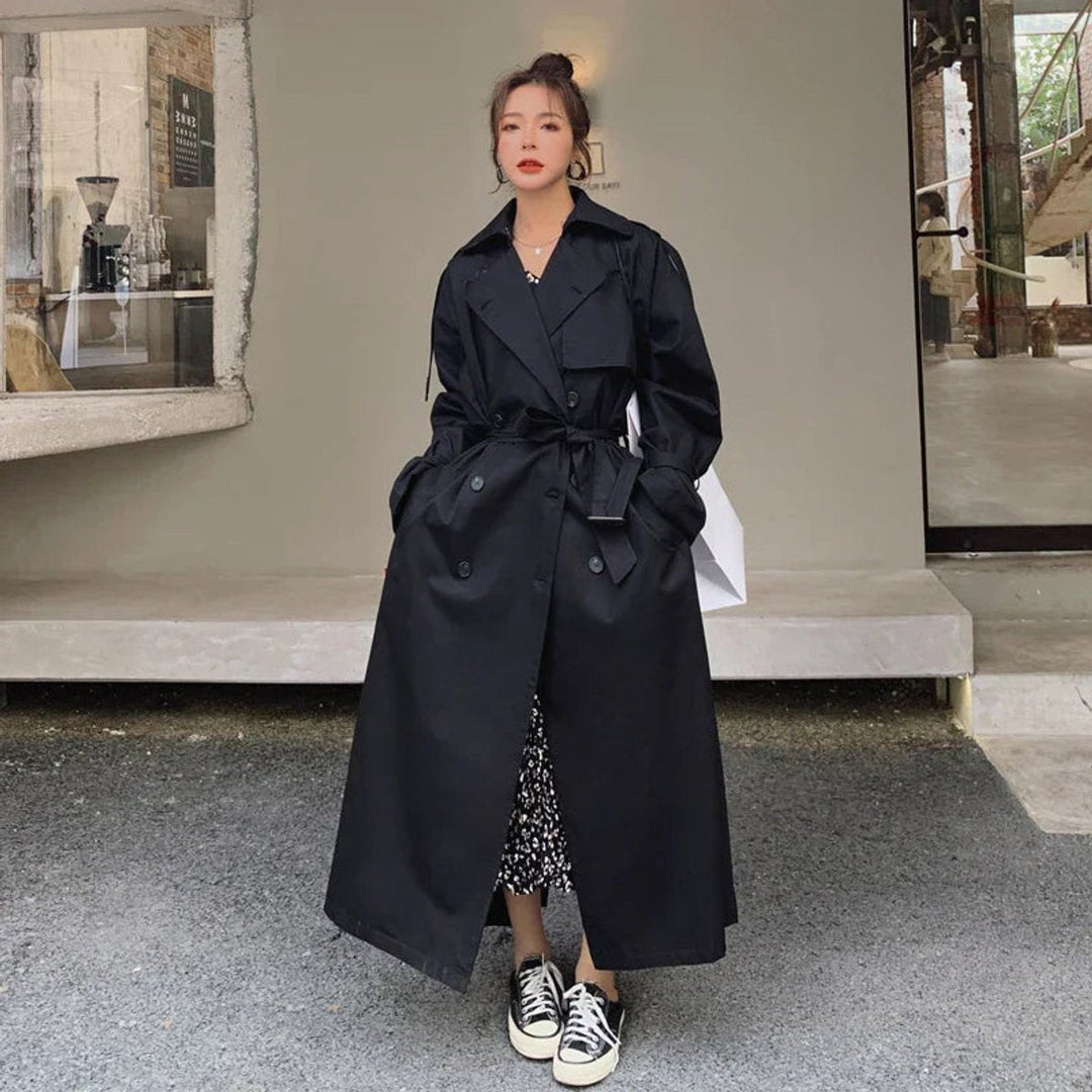 Übergroßer Zweireihiger Langer Damen Trenchcoat mit Verstellbarem Taillengürtel 8