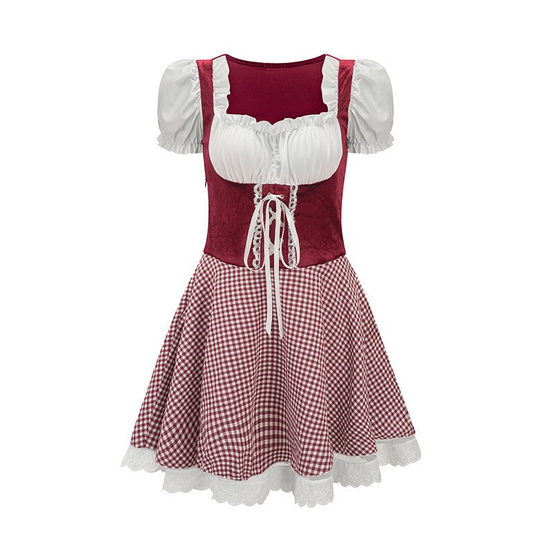 Kurzes Dirndlkleid mit Karomuster und Spitzenapplikation für Damen Festliche Trachtenmode