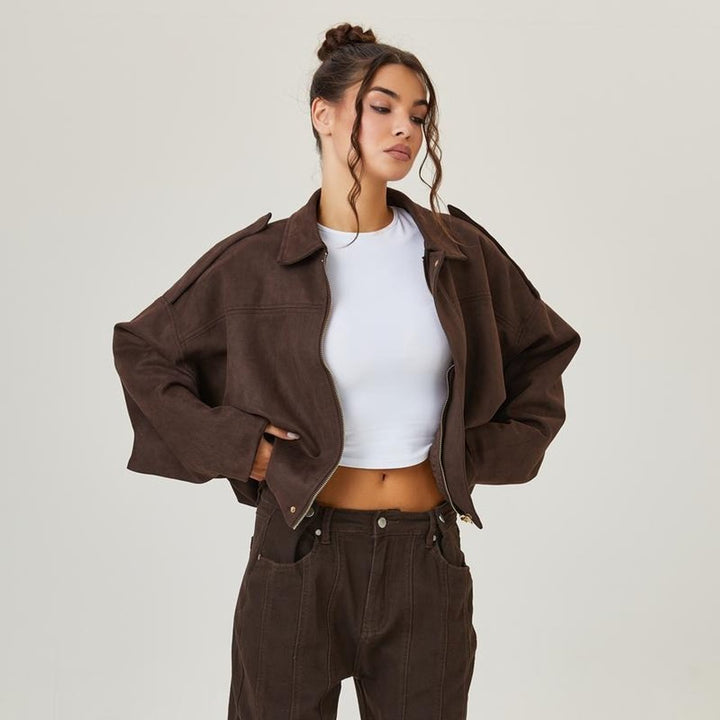 Vintage-inspirierte Damen Bomberjacke Übergröße mit Wildlederoptik und entspannter Passform 0