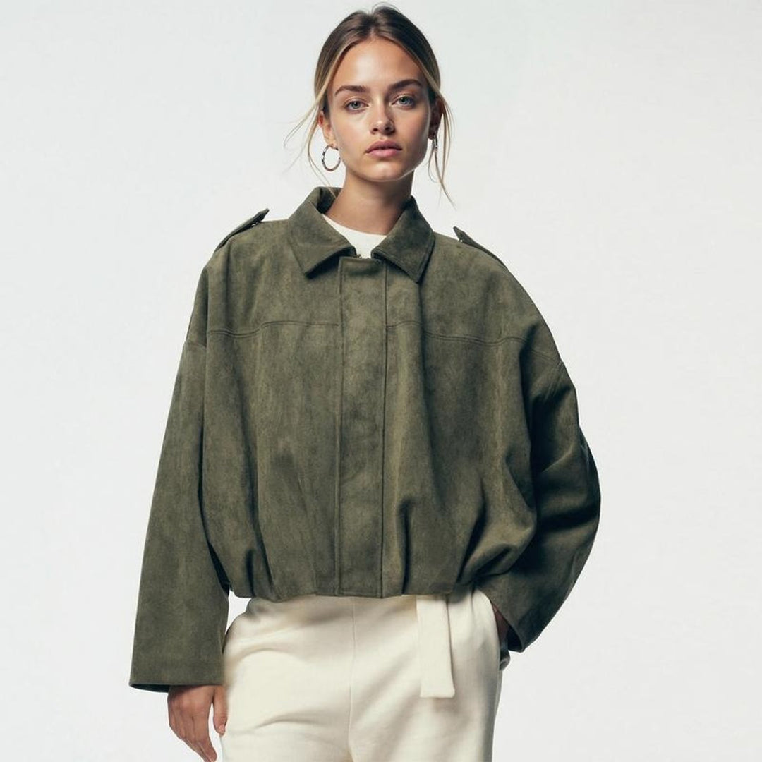 Vintage-inspirierte Damen Bomberjacke Übergröße mit Wildlederoptik und entspannter Passform 5