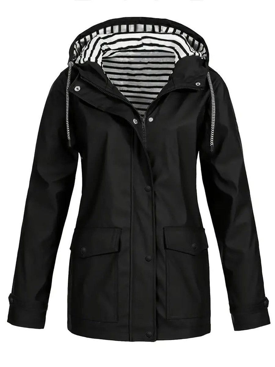 Wasserdichter Damen Regenmantel mit Kapuze und gestreiftem Futter, entspannte Passform 0