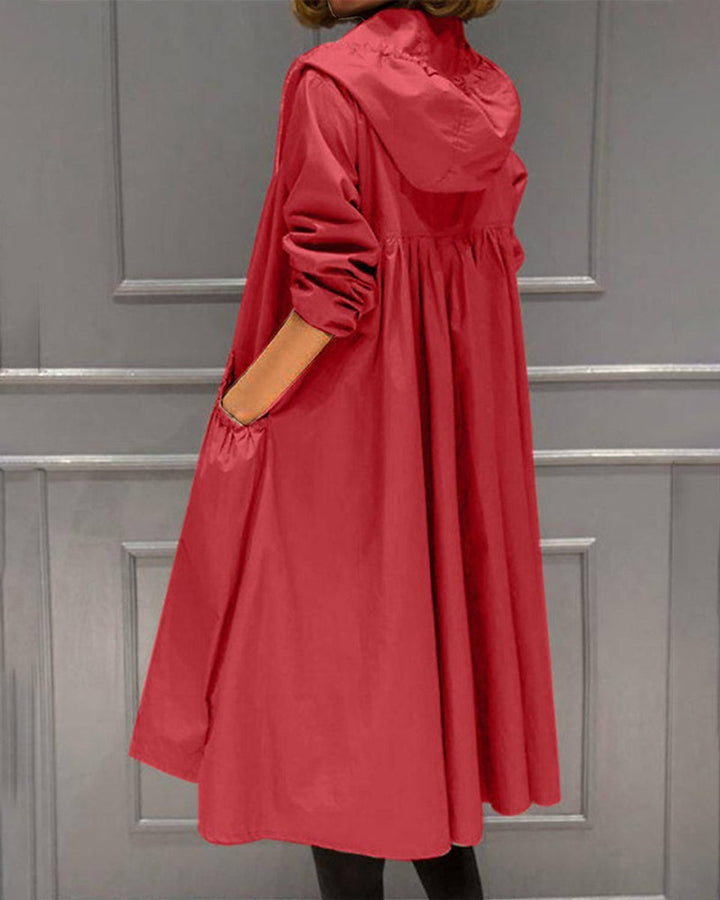 Wasserdichter langer Damen Trenchcoat mit Kapuze und Reißverschluss für Herbst und Regen 2