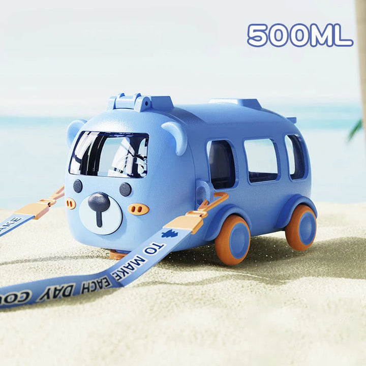 Wasserflasche mit Strohhalm und Spielzeugbus-Motiv 0