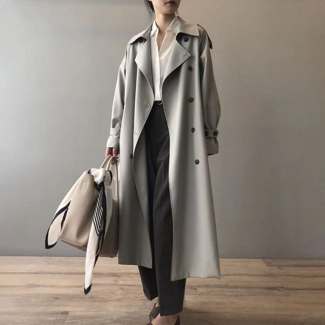 Zweireihiger langer Trenchcoat für Damen mit wasserabweisendem Schutz und klassischem Reverskragen 1
