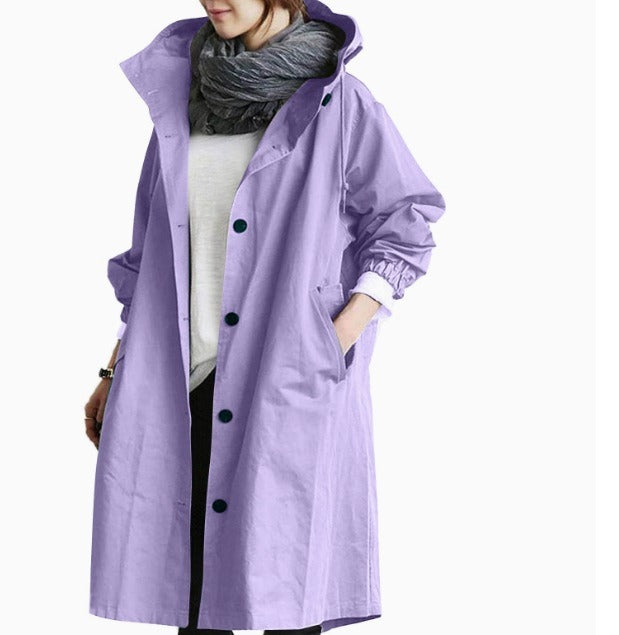 Langer Wasserdichter Damen-Trenchcoat mit Kapuze und Funktionalen Taschen
