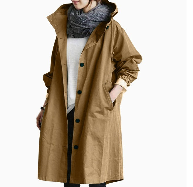 Langer Wasserdichter Damen-Trenchcoat mit Kapuze und Funktionalen Taschen