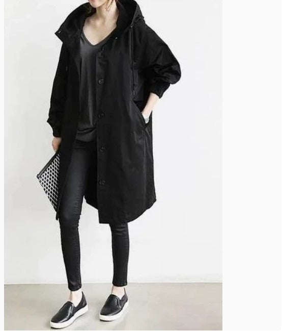 Langer Wasserdichter Damen-Trenchcoat mit Kapuze und Funktionalen Taschen