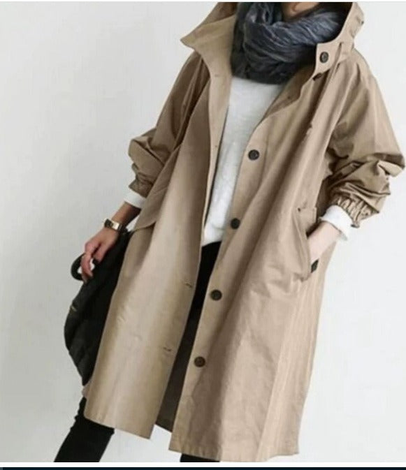 Langer Wasserdichter Damen-Trenchcoat mit Kapuze und Funktionalen Taschen