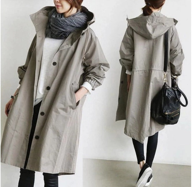 Langer Wasserdichter Damen-Trenchcoat mit Kapuze und Funktionalen Taschen
