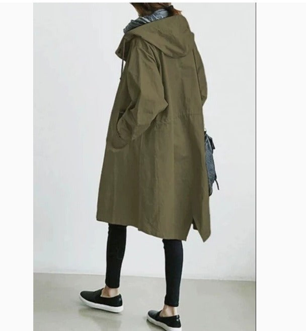 Langer Wasserdichter Damen-Trenchcoat mit Kapuze und Funktionalen Taschen