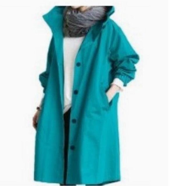 Langer Wasserdichter Damen-Trenchcoat mit Kapuze und Funktionalen Taschen