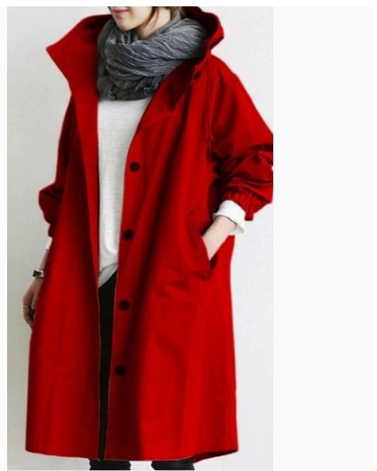 Langer Wasserdichter Damen-Trenchcoat mit Kapuze und Funktionalen Taschen