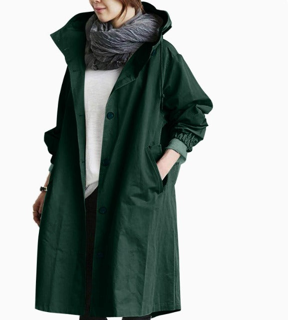 Langer Wasserdichter Damen-Trenchcoat mit Kapuze und Funktionalen Taschen